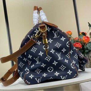 Louis Vuitton Navy Monogram Canvas Satchel with Tan Leather Trim